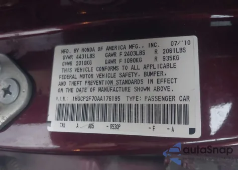 2010 Honda Accord 2.4 Ex z USA, uszkodzony, nr VIN 1HGCP2F70AA176195